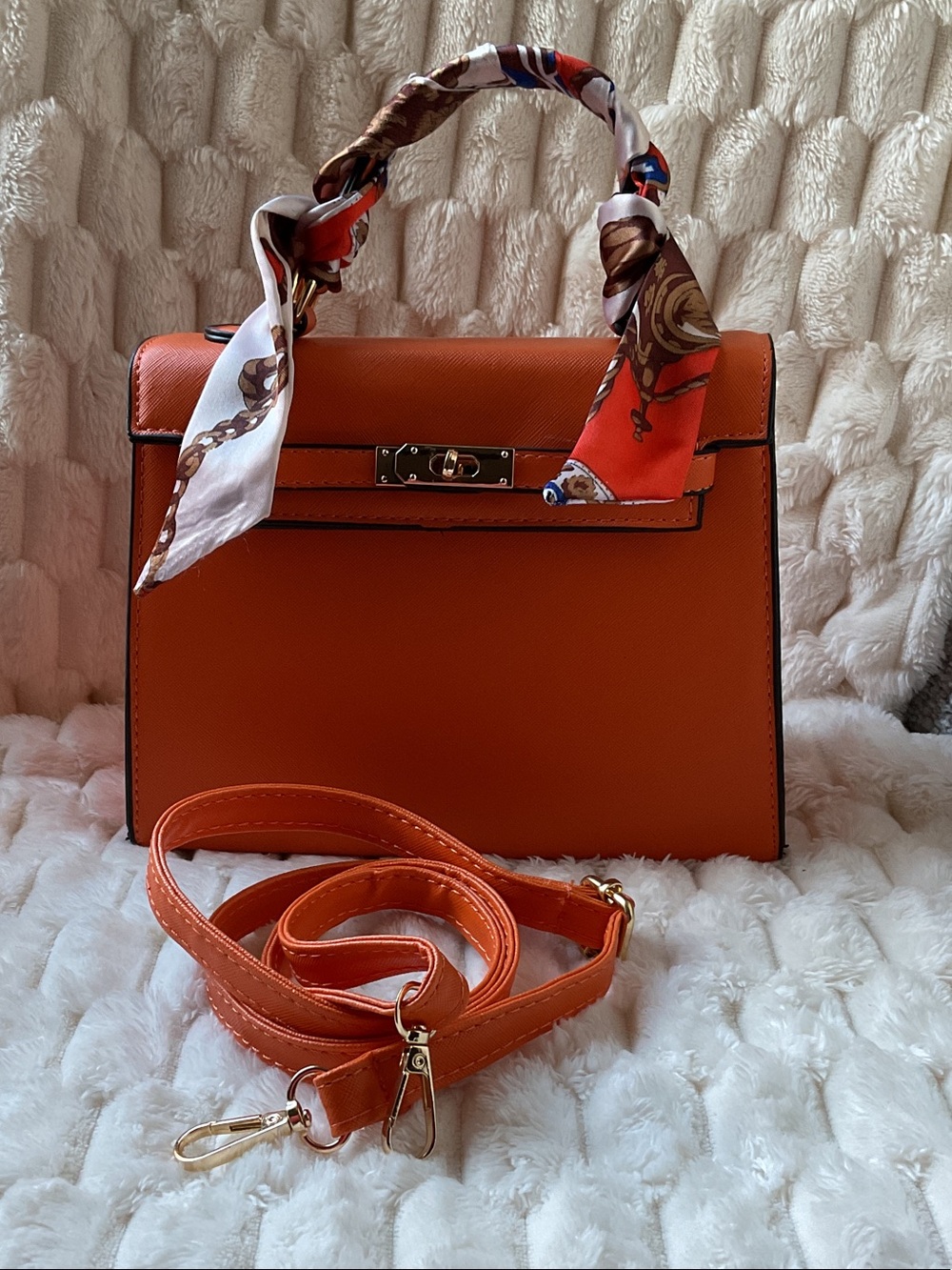 Orange Structured Top-Handle Satchel with Scarf Accent